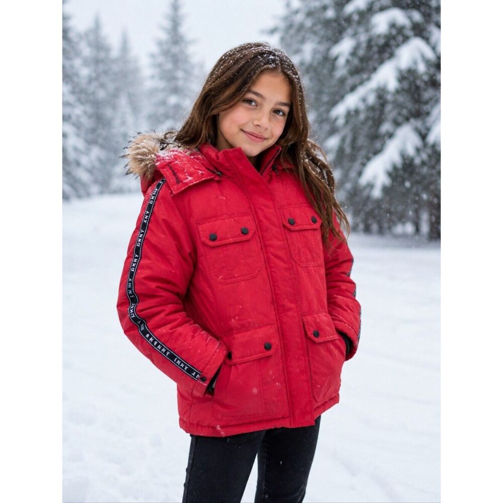 Red DKNY Girl's Jacket Puffer Small 8 Detachable Fur Hood Winter Ski